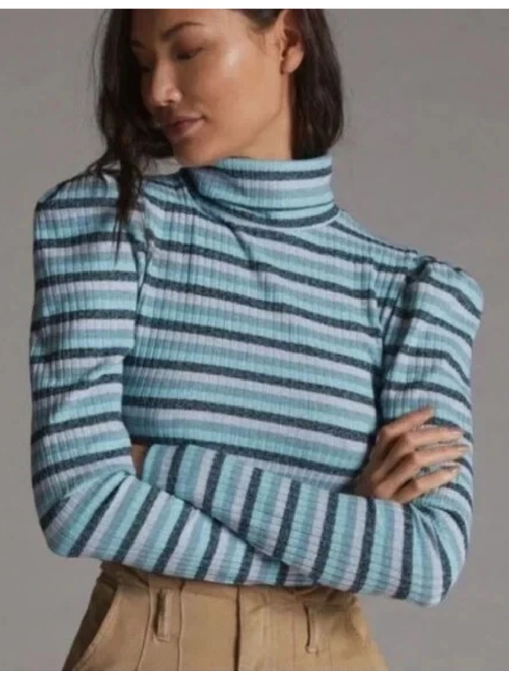 Anthropologie Striped Ribbed Turtleneck Sweater - Light Blue & Gray